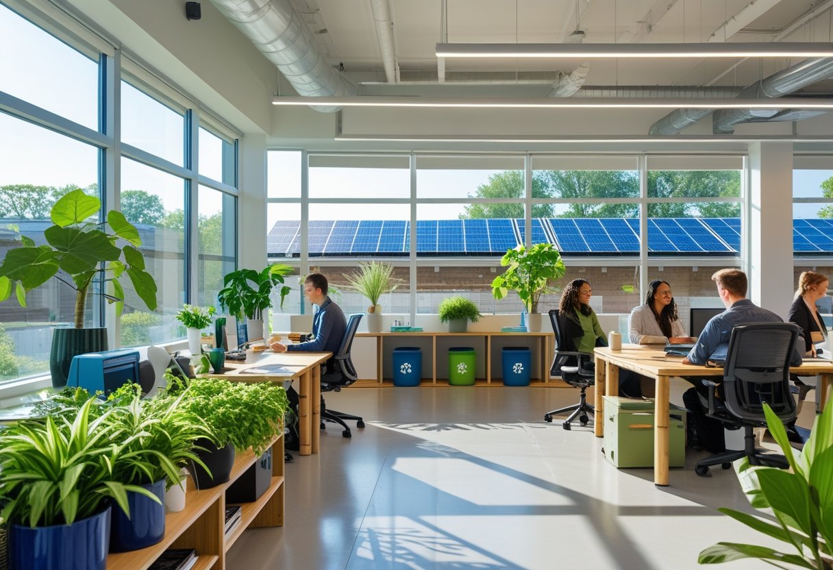 A modern office with natural light, green plants, employees working at desks, recycling bins, and solar panels visible outside.