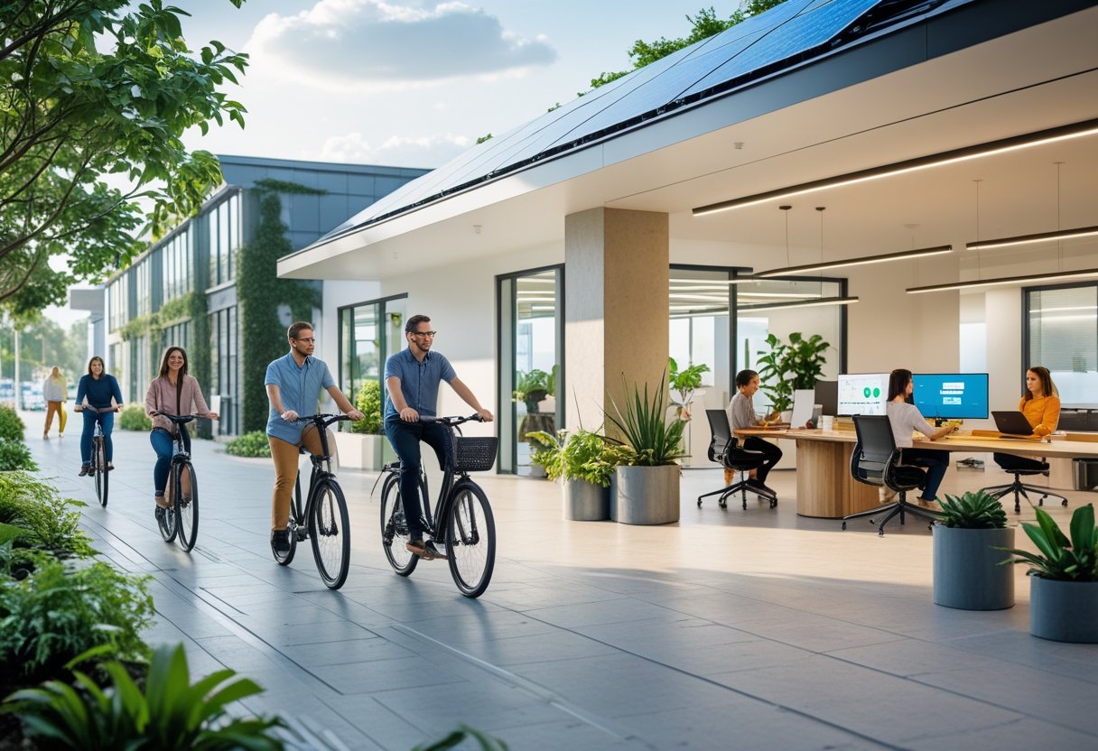 People commuting sustainably by bike and scooter outside an office, with others working remotely and collaborating inside a bright, plant-filled workspace.