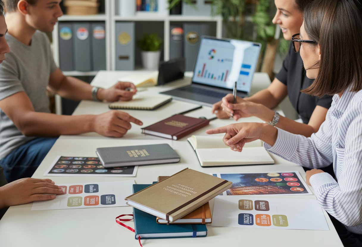 A group of professionals collaborating around a desk with branded notebooks, marketing materials, and a laptop in a modern office setting.