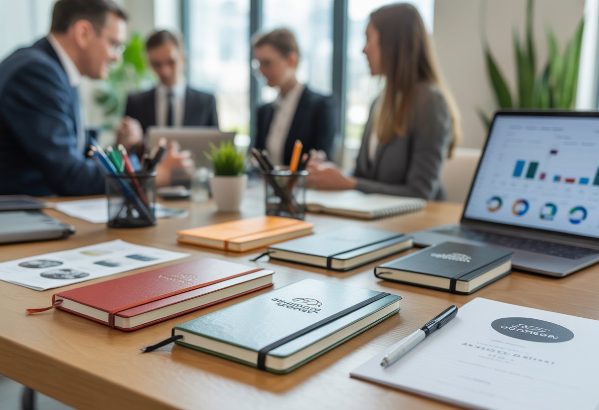 A bright office desk with branded notebooks, pens, business cards, and a laptop, with people discussing in the background.