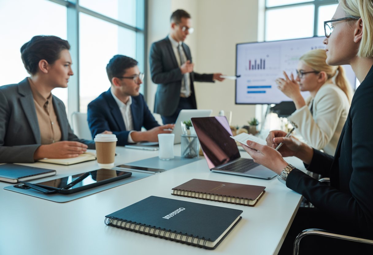 A group of business professionals in a meeting room using branded notebooks during a marketing discussion.