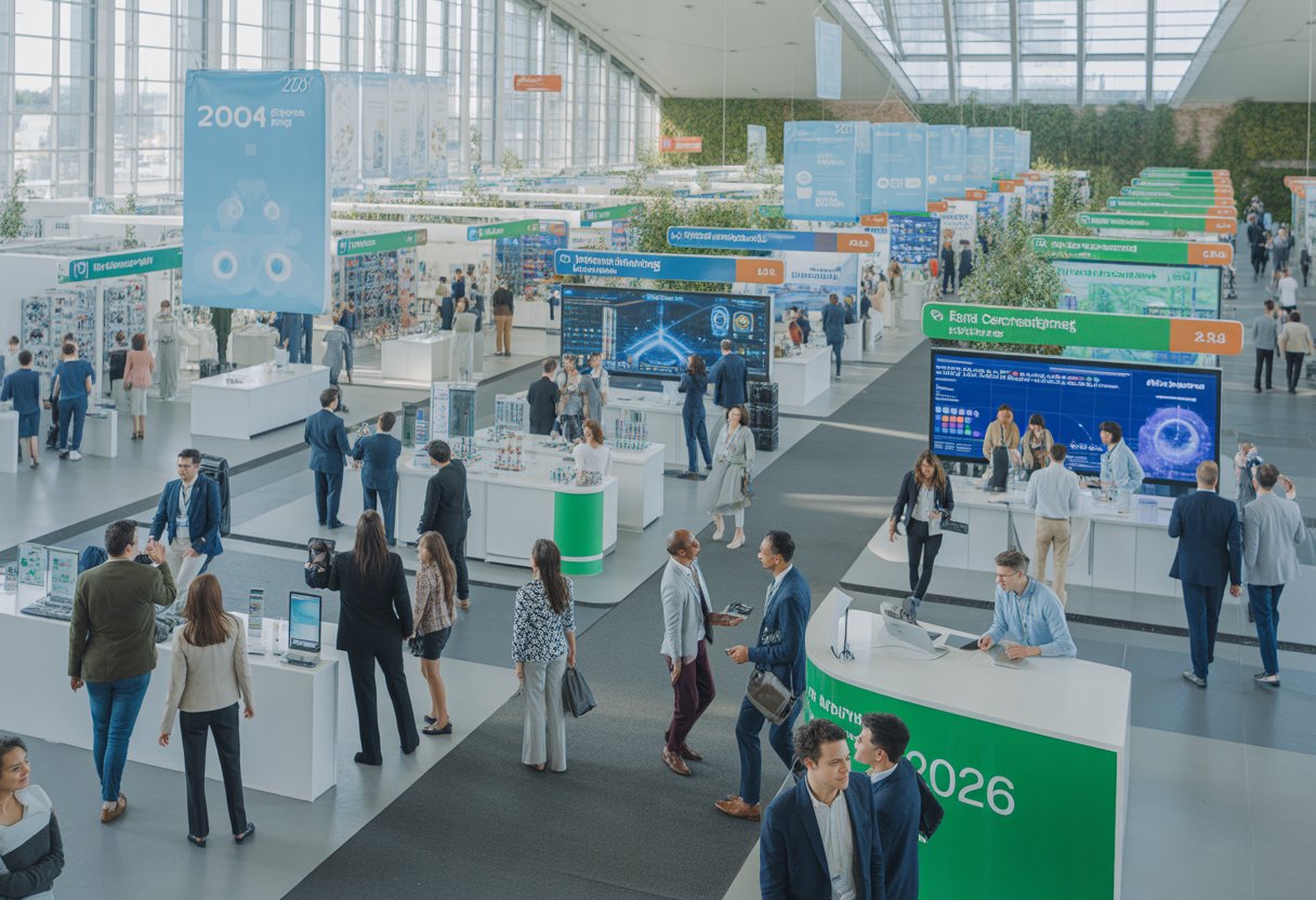 A busy trade fair with people interacting and exploring various exhibition booths inside a large, bright hall.
