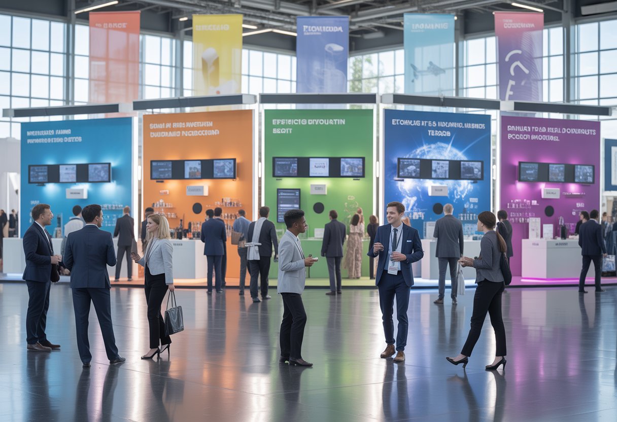 A busy trade fair with six exhibition booths and business professionals networking and exploring products in a modern convention centre.