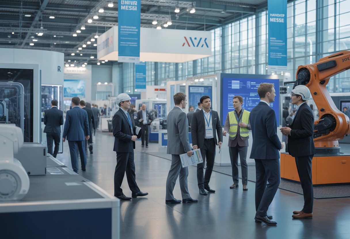 A busy industrial trade fair with professionals examining advanced machinery and technology in a large, modern exhibition hall.