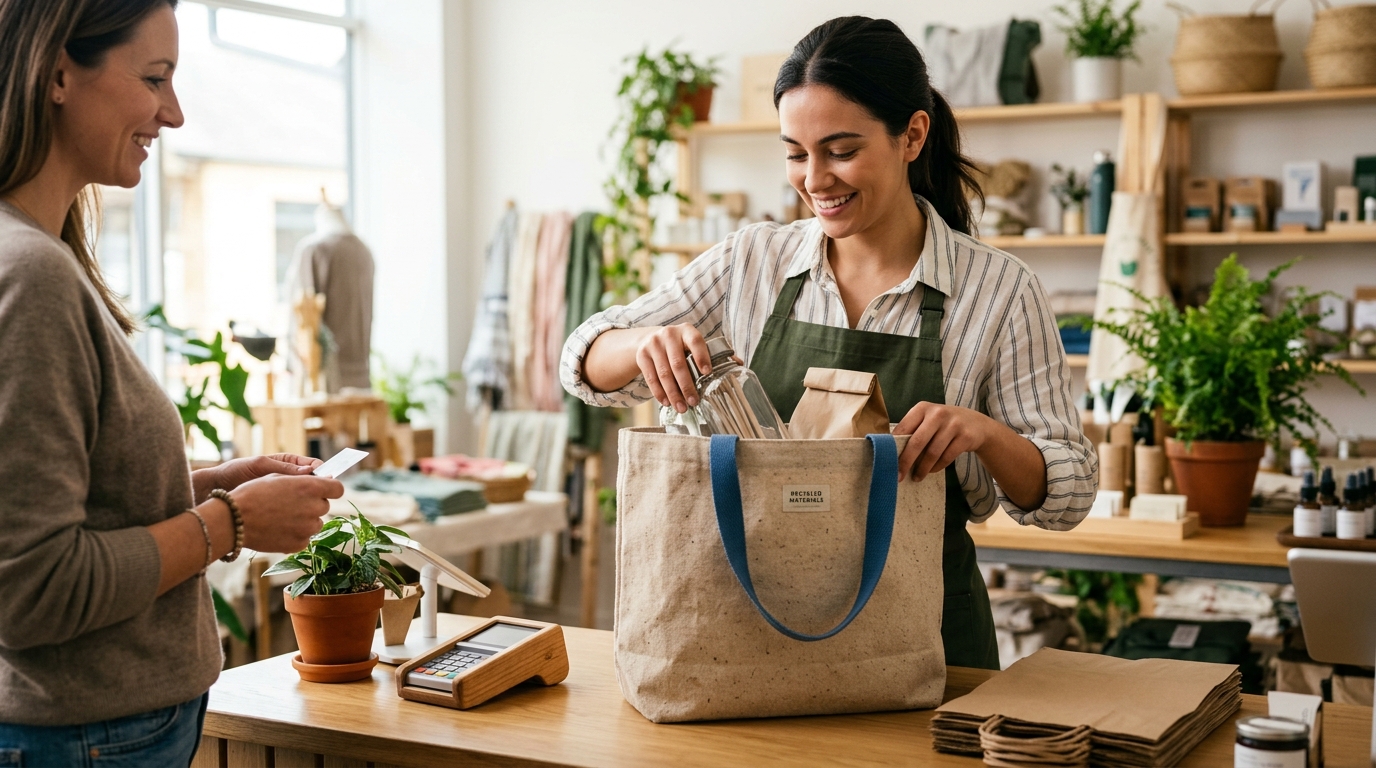 Shop owner placing bought goods into tote bag