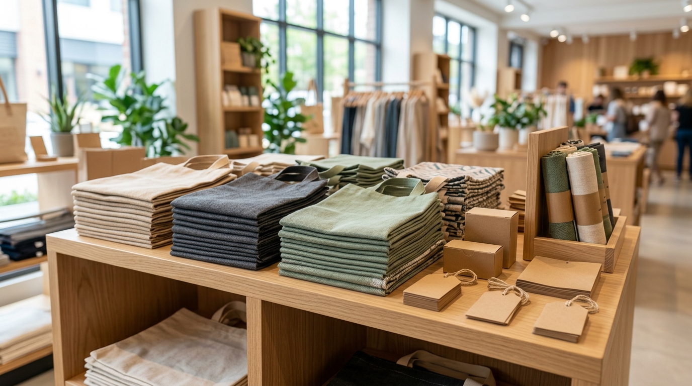 Piles of Canvas Tote Bags on store display
