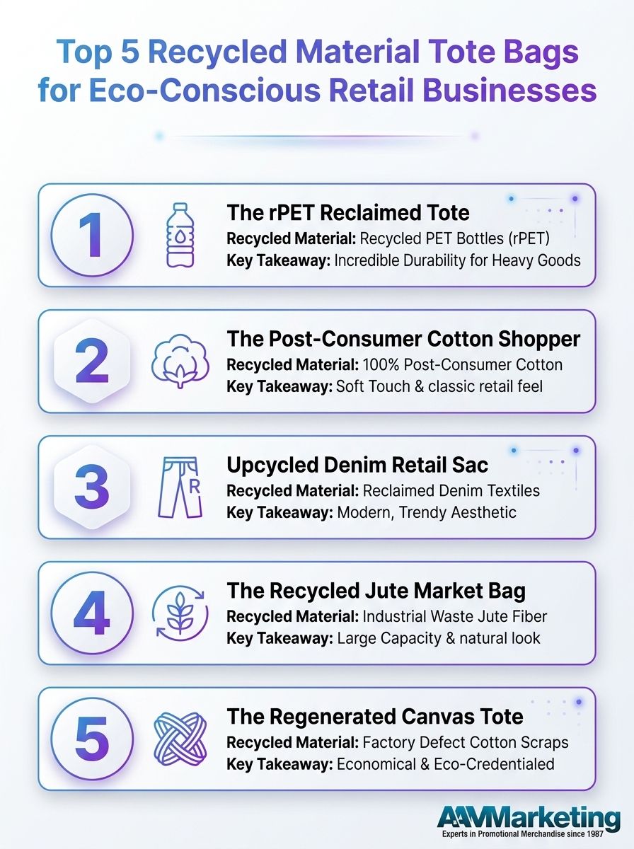 Top 5 recycled-material tote bags infographic for eco-conscious retail businesses