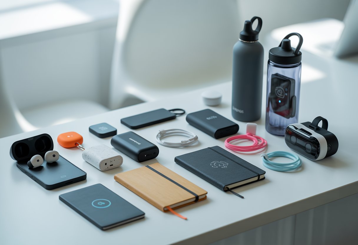 A collection of unique tech promotional items displayed on a white desk, including wireless earbuds, bamboo chargers, smart notebooks, cable organisers, VR headset keychains, and reusable water bottles.