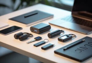 A desk displaying various unique tech promotional items including wireless earbuds, portable chargers, smart keychains, and USB drives, with a laptop and smartphone in the background.