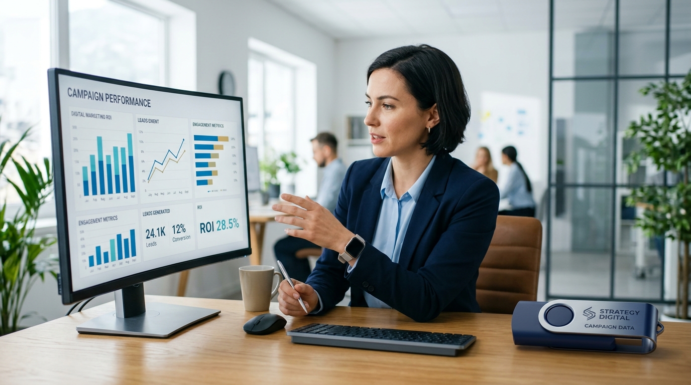 Woman in an office looking at campaign performances on a computer screen