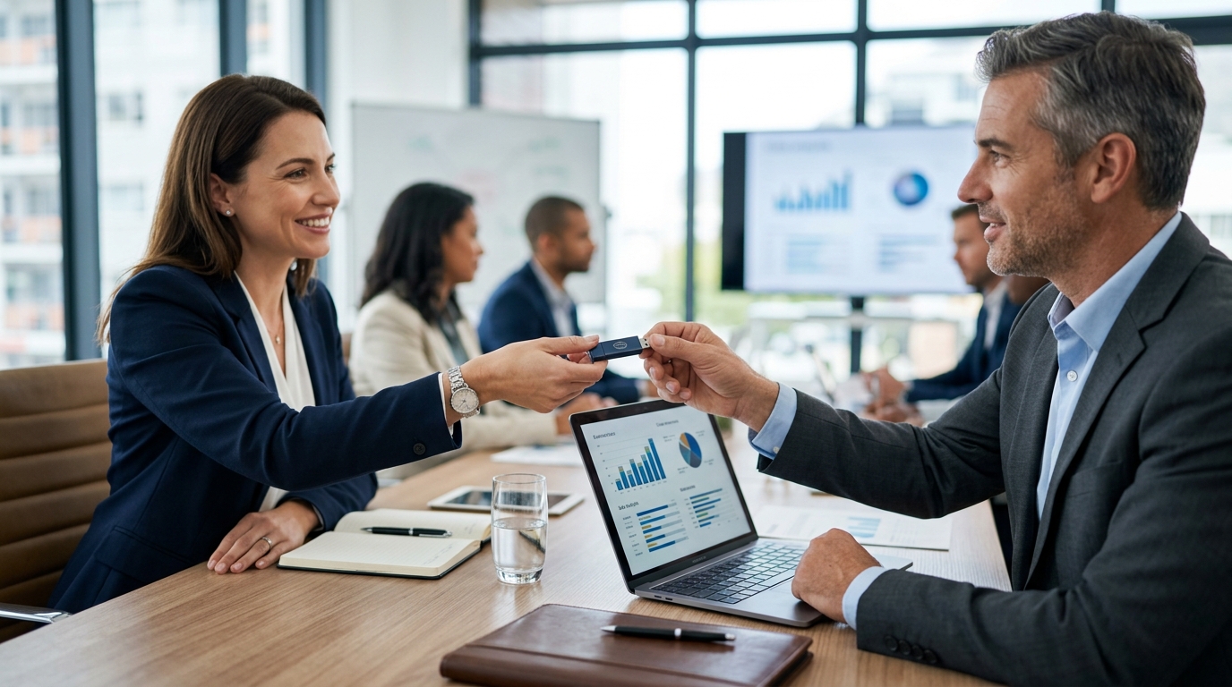 Woman in office handing a branded usb drive to a colleague