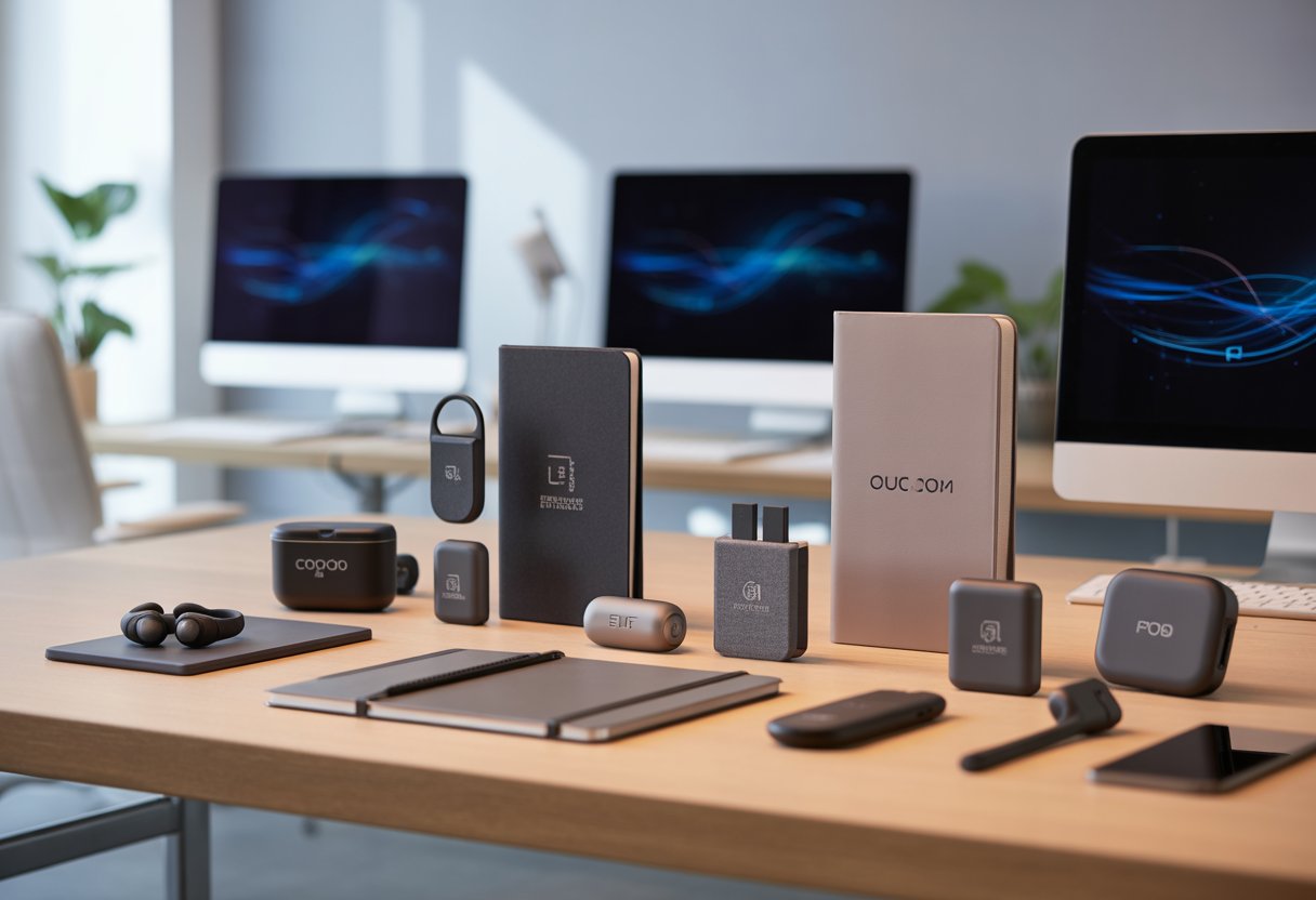 Tech promotional items including USB drives shown in a modern workspace, relevant to tech-led campaigns