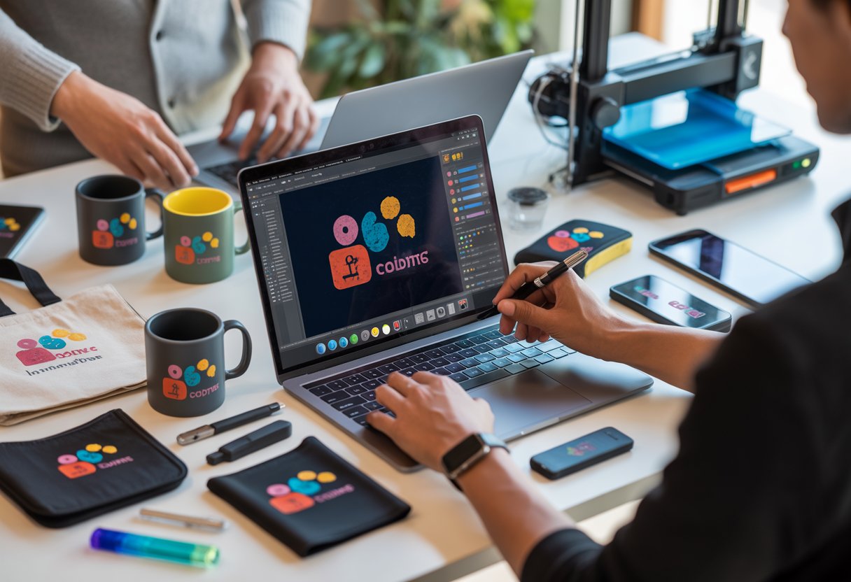 Branded USB drives and tech promotional ideas in a workspace context