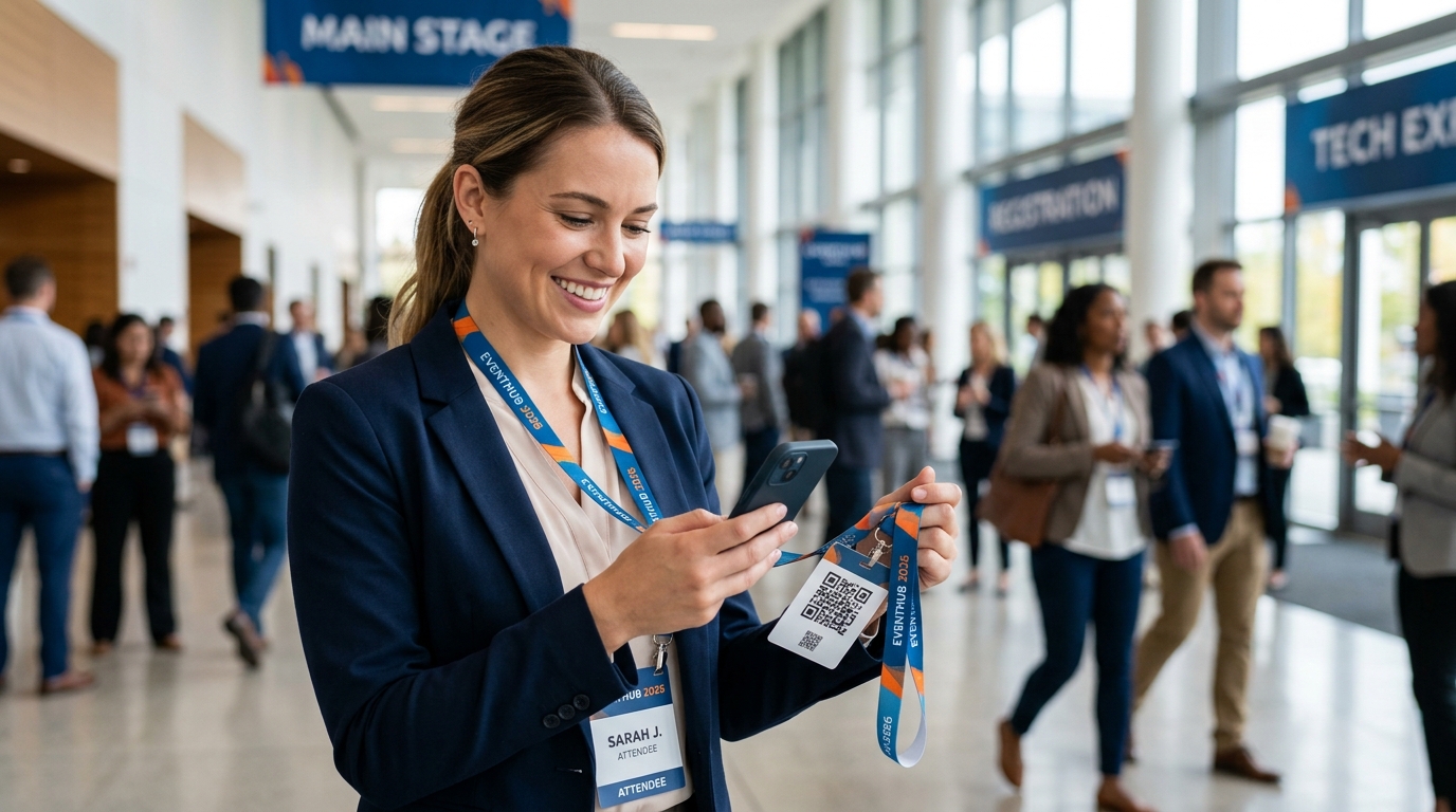 Woman wearing a branded lanyard with a QR code printed on the tag