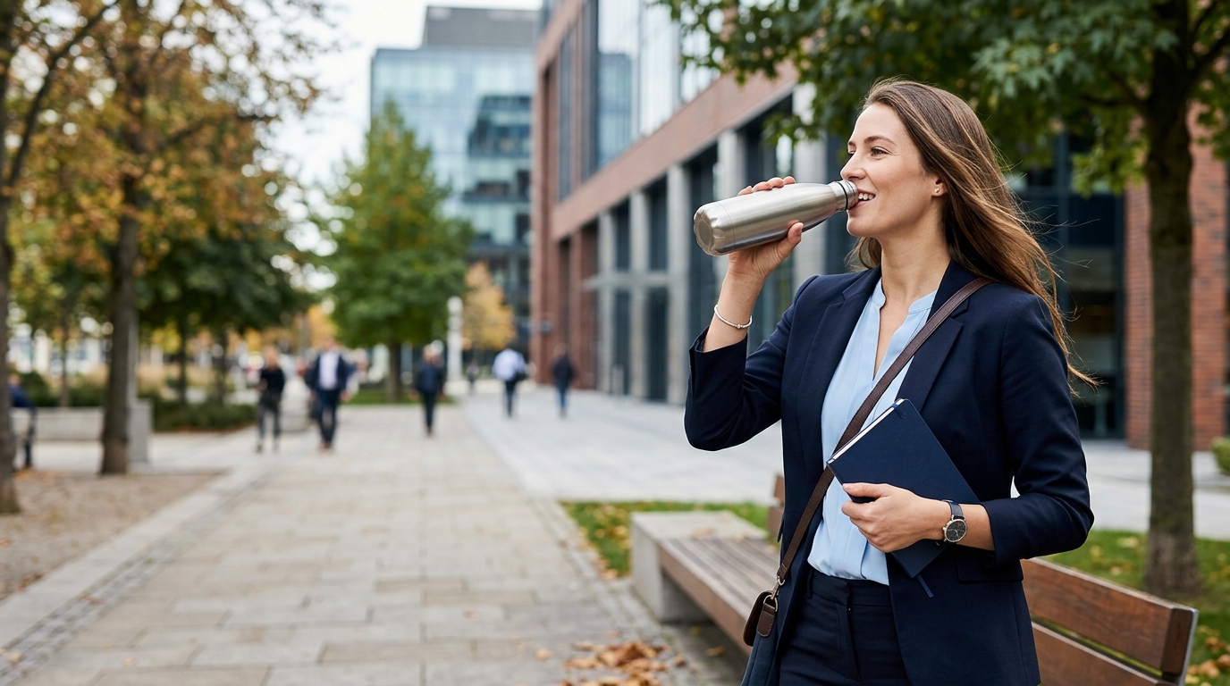 Woman drinkng from a stainless steel water bottle