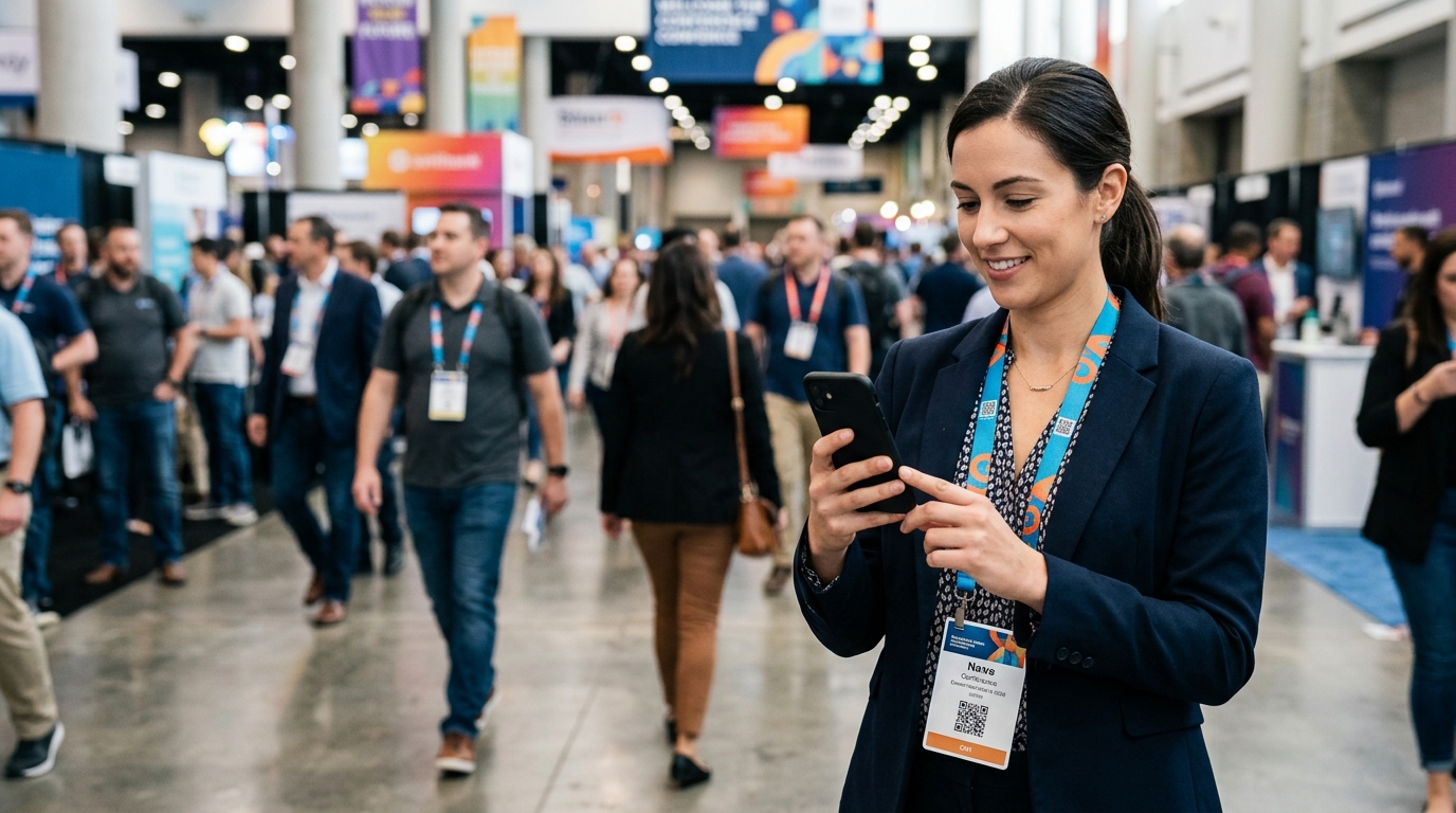 Woman wearing a branded lanyard with a QR code printed on the tag