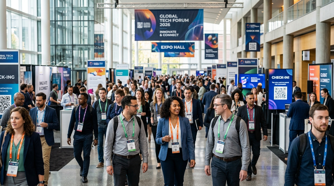 Marketing event with people wearing branded lanyards