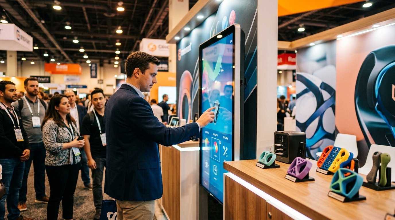 people at a trade show looking at an interactive digital screen