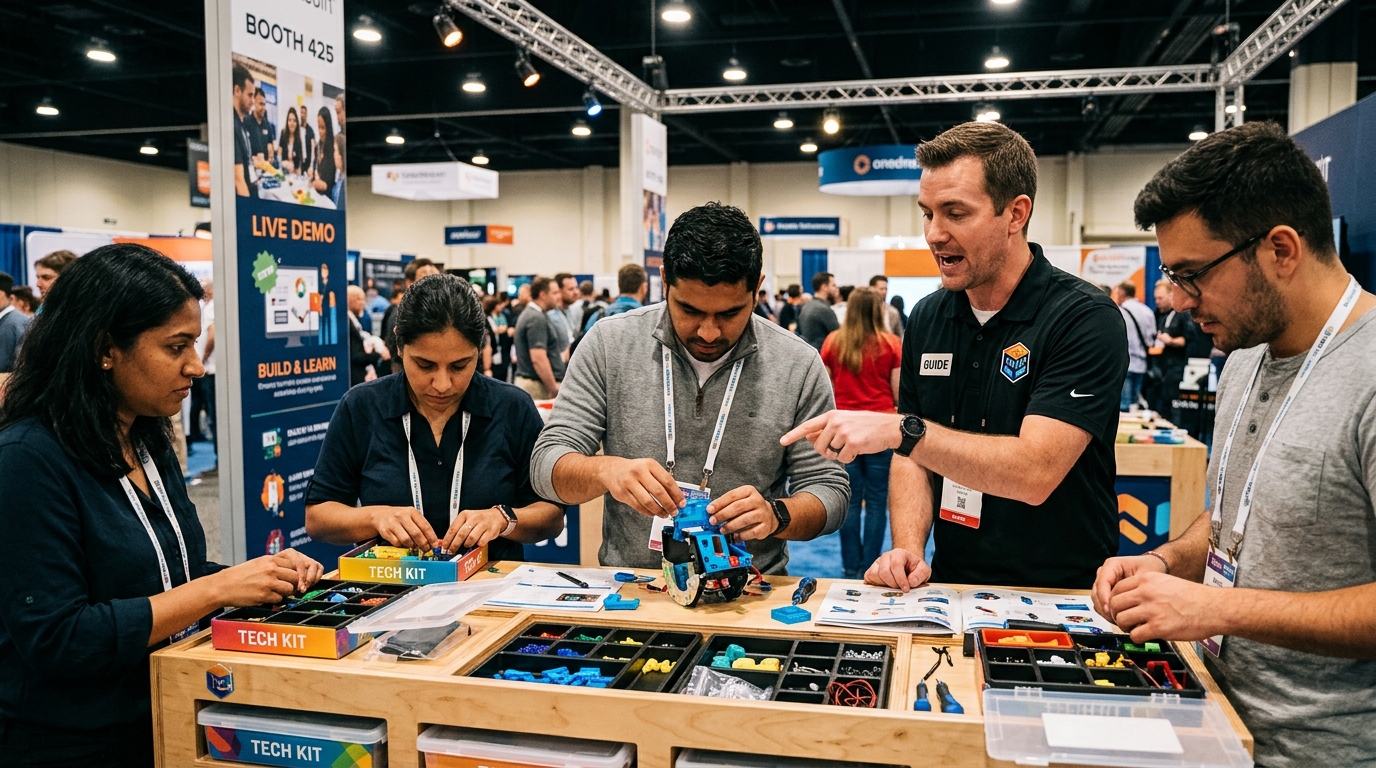 Trade show visitors testing out products
