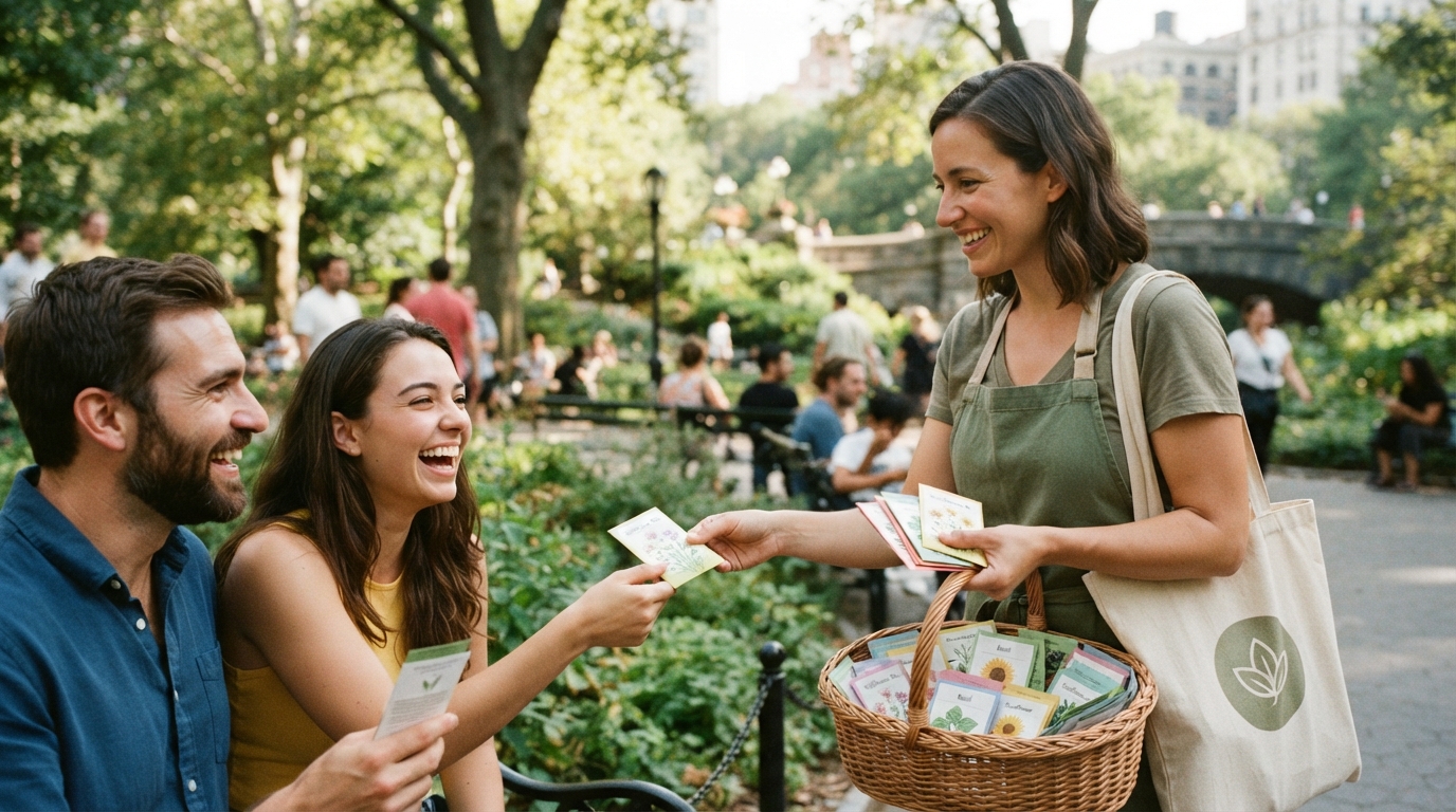 woman handing out free seeds