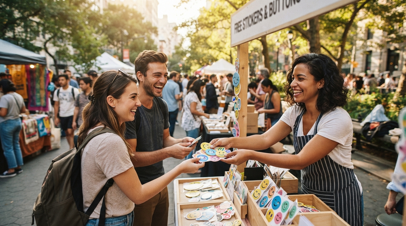 woman handing out promotional products