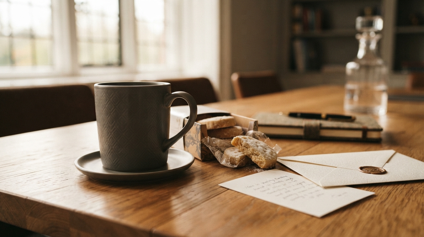 A cup of tea with biscuits and a personal letter