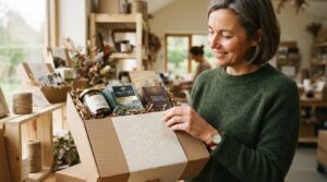 Woman looking at a corporate gift hamper