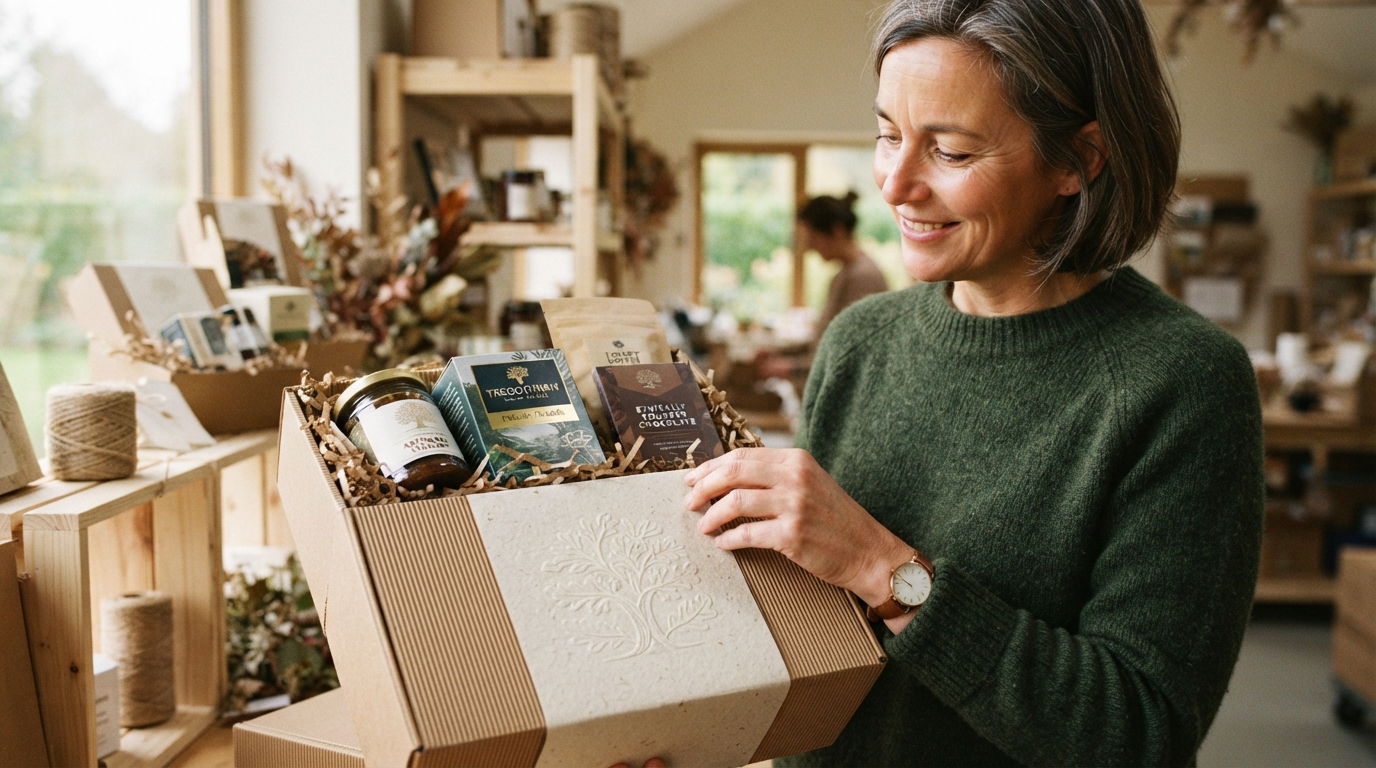 Woman looking at a corporate gift hamper