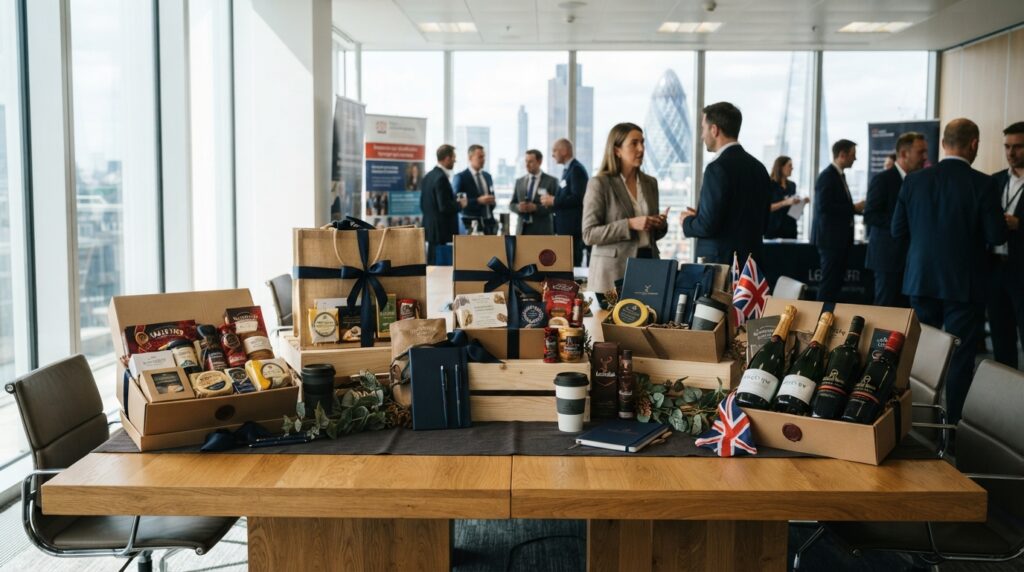 a display of corporate hampers
