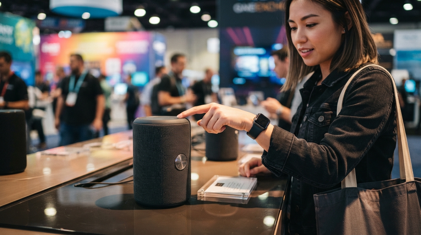 woman looking at a bluetooth speaker