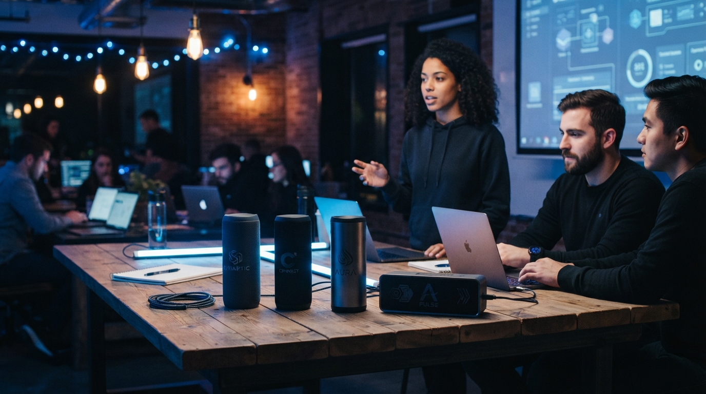 group of people working and looking at Bluetooth Speakers