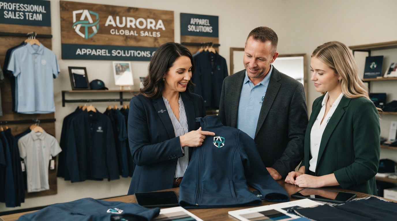 staff looking at branded apparel