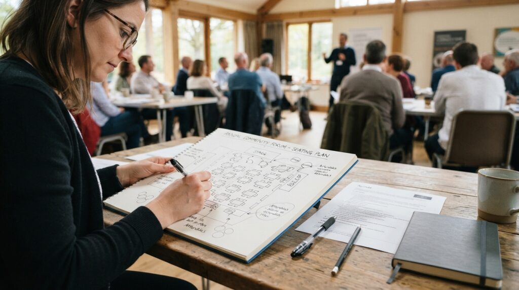 An attendee sketches a seating plan in a large A4 notebook at a bright community hall meeting, with pens and printed norebook