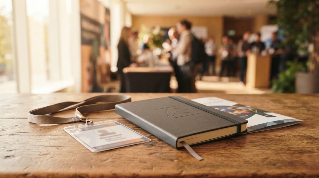 A compact A5 notebook with a simple abstract cover mark rests beside a name badge and folded program on a sunlit event