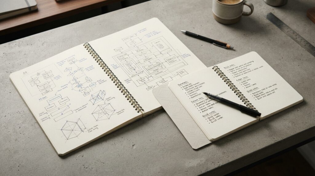 A top-down studio still life compares open A4 and A5 notebooks, showing roomy diagram pages beside a portable page of notes