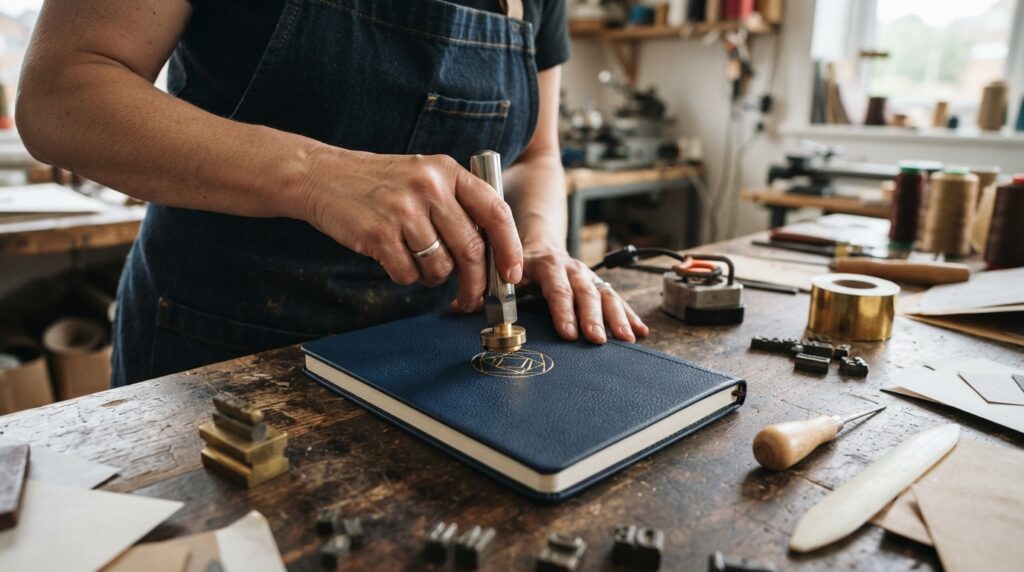 Close-up of hands embossing a simple abstract emblem onto a navy notebook cover at a craft workshop, with tools arranged on a bench